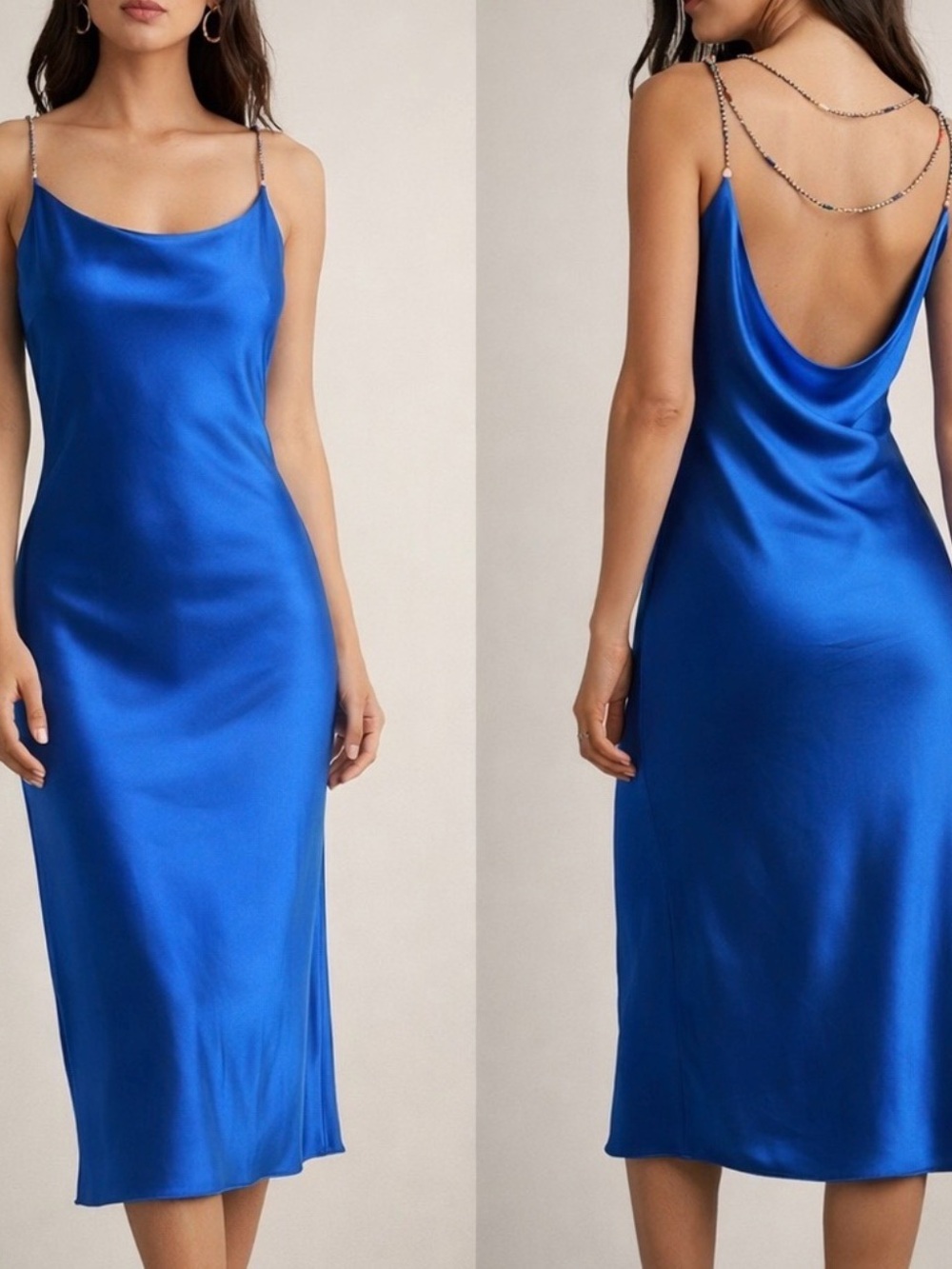 Satin Cobalt Blue Maxi Slip Dress with Chain Straps